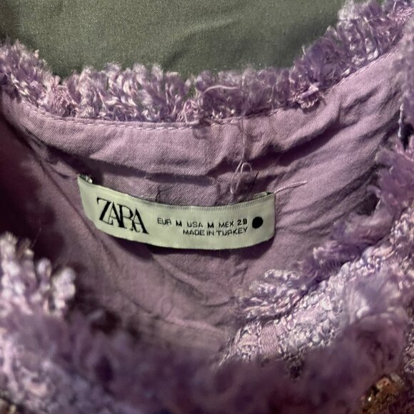 Womens ZARA Lilac Rhinestone Button-Up Front, Sleeveless, Tweed, Mini Dress - Picture 3 of 12
